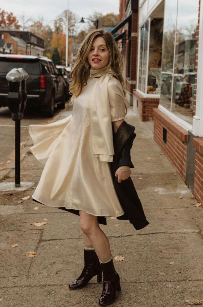 beige swing dress Beige Linen Midi Dress with Pleated Swing and Puff Sleeves
